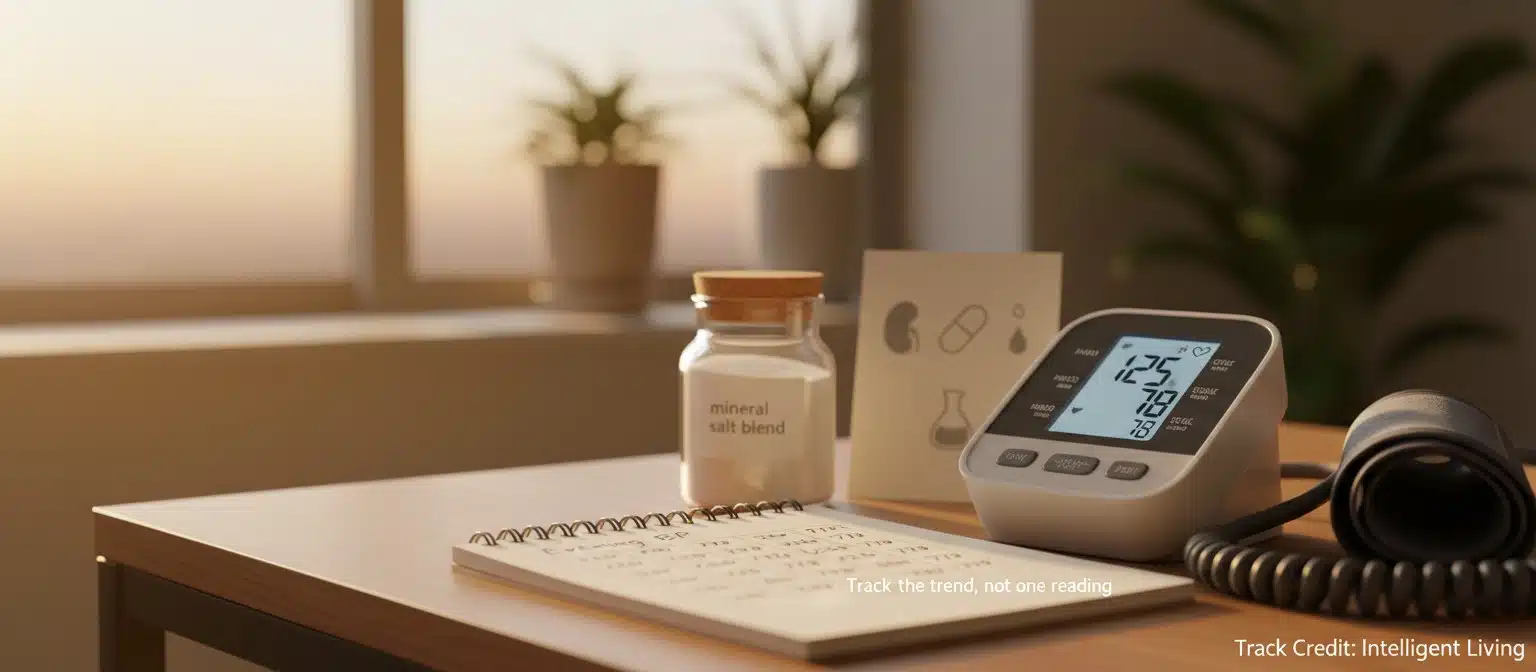 A calm evening scene showing a home blood pressure monitor beside a notepad of weekly readings, with a subtle checklist of safety reminders near a salt substitute container.
