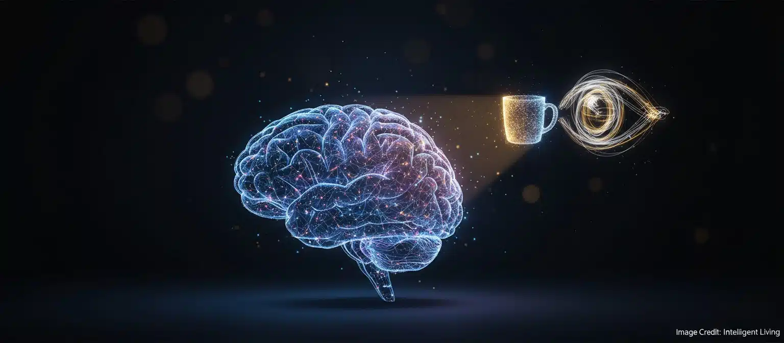 Cinematic close-up of a glowing brain and an eye-shaped light beam forming a crisp mental image, symbolizing shared neurons for seeing and imagining.