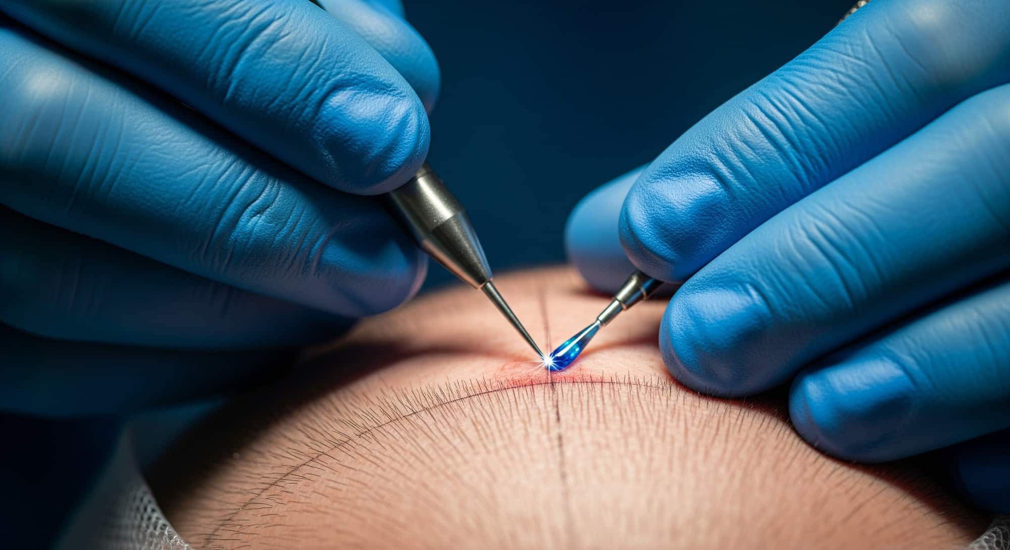 A close-up view of a surgeon's hands performing a Sapphire FUE hair transplant using a sapphire-tipped blade in a sterile operating room.