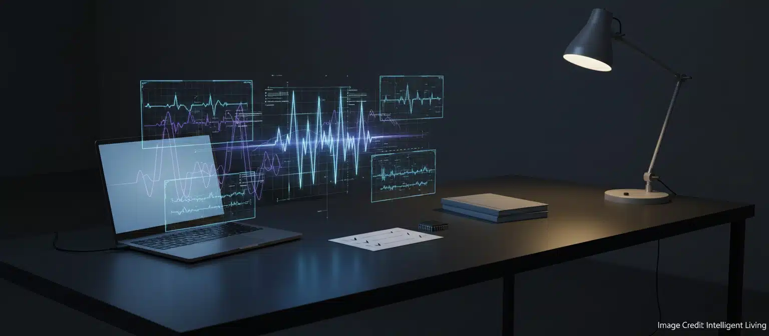 Wide cinematic scene of an AI engineer workbench with spectral charts and a clean checklist aesthetic symbolizing practical adoption, reliability, and hallucination monitoring.