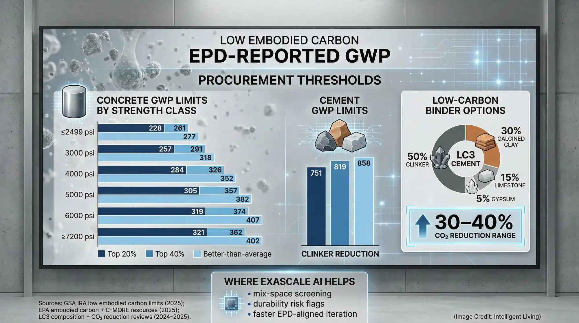 A policy-and-engineering data visualization showing procurement carbon limits for concrete and cement, plus low-carbon binder options like LC3 and how AI speeds validation and mix optimization.
