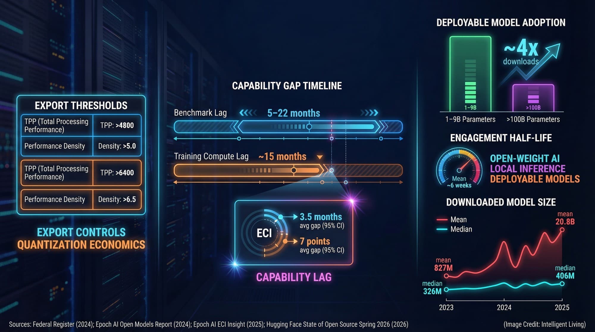 A data-dense infographic linking export control thresholds, measured open vs closed capability lag, and the dominance of deployable small models, explaining why open-weight AI scales under constraints.