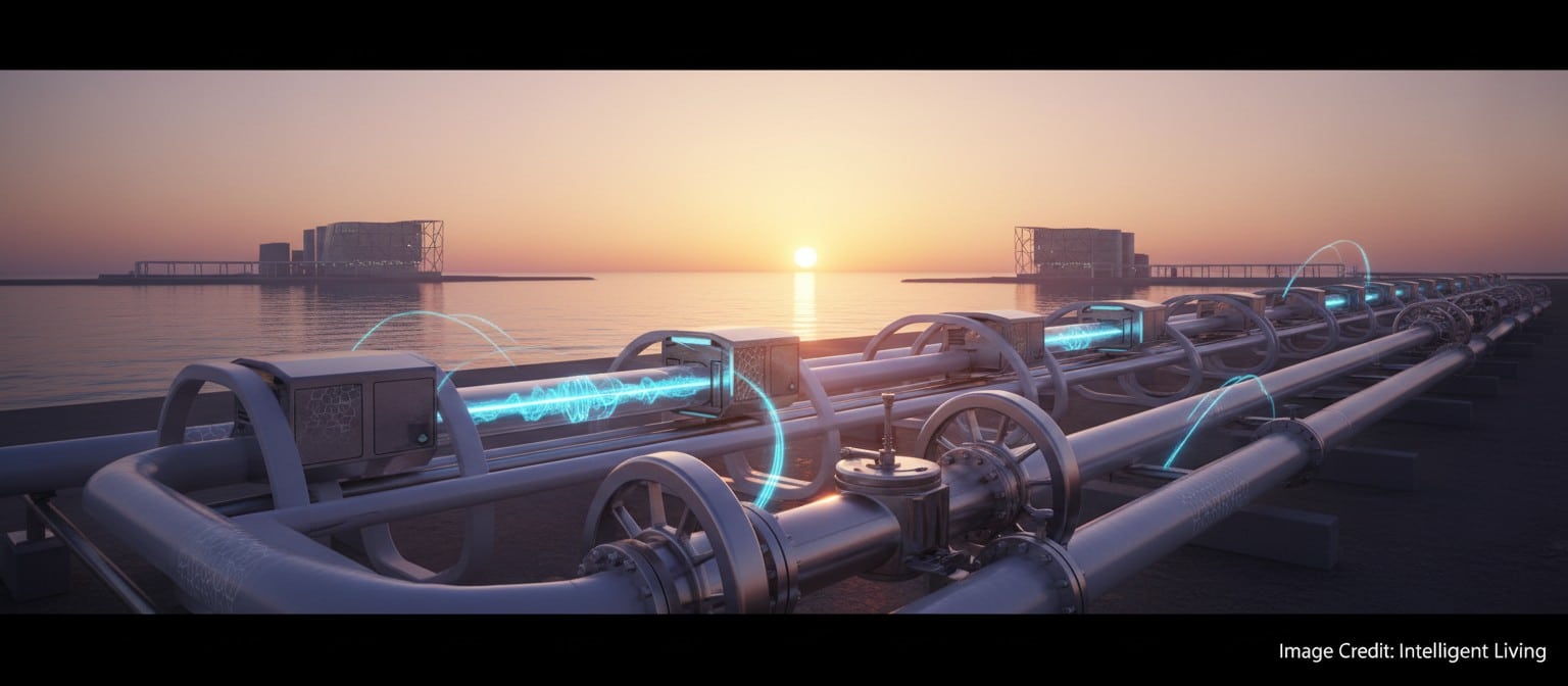 Cinematic ultra-wide image showing a futuristic coastal water-and-energy corridor representing scalable salinity-gradient power, desalination efficiency, and resilient infrastructure.