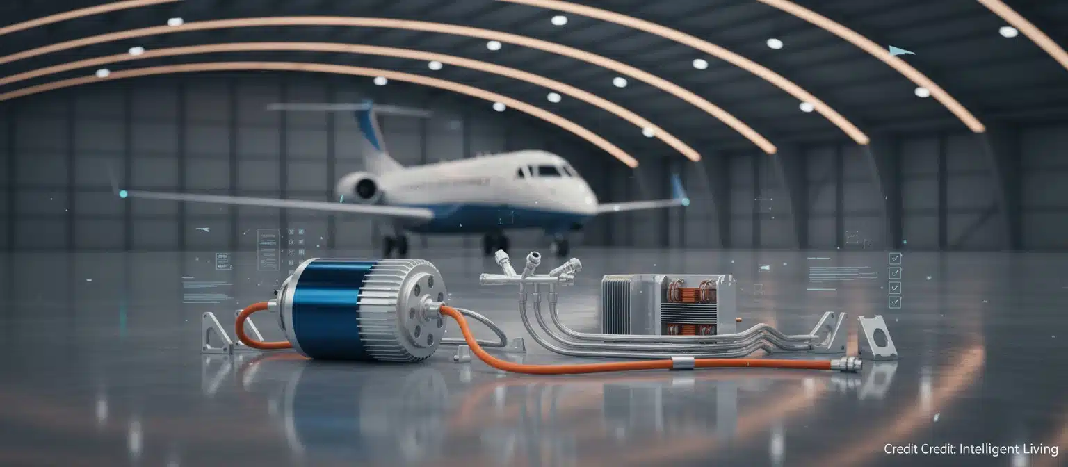 Wide cinematic scene showing a futuristic regional aircraft hangar with modular hybrid-electric propulsion components laid out cleanly, including motor, power electronics, and cooling systems, suggesting certification-ready engineering.