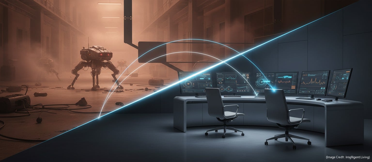 Wide cinematic control-room-to-field composition showing remote operators' monitoring screens facing a distant robot in a high-risk industrial zone, suggesting safer cable-free nuclear remediation workflows.
