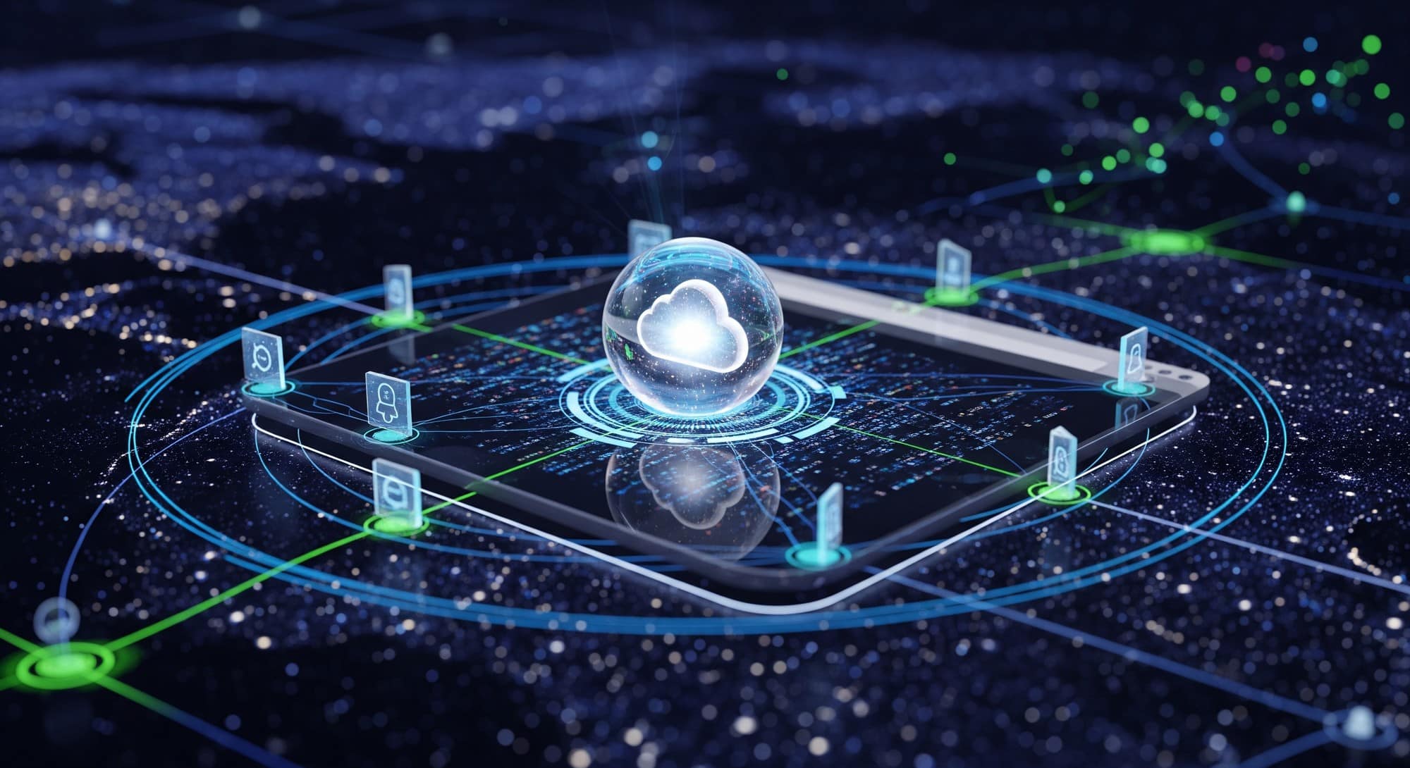 A conceptual illustration of a cloud icon connected to a secure web browser window within a global network.