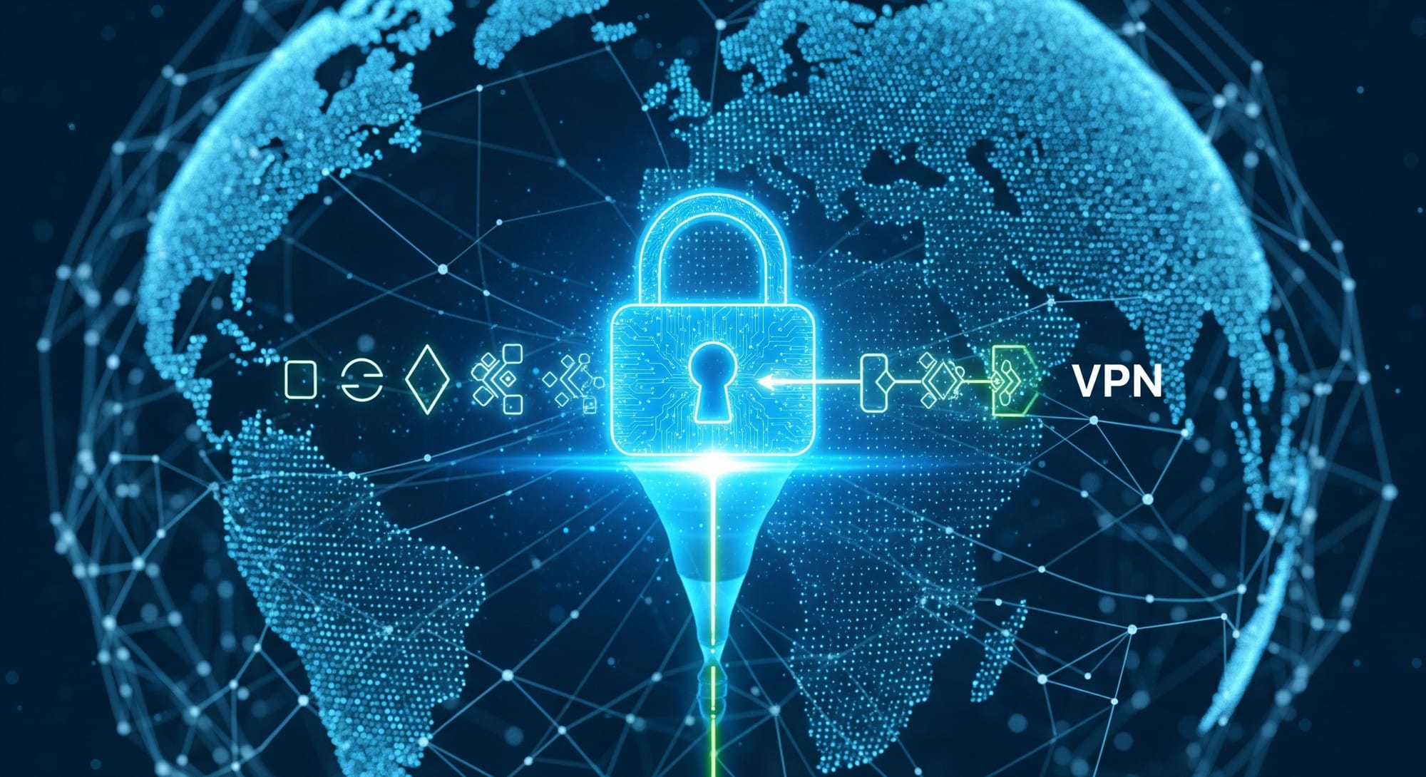 A conceptual image representing digital security and encrypted data flow with a glowing padlock icon over a fiber optic background.