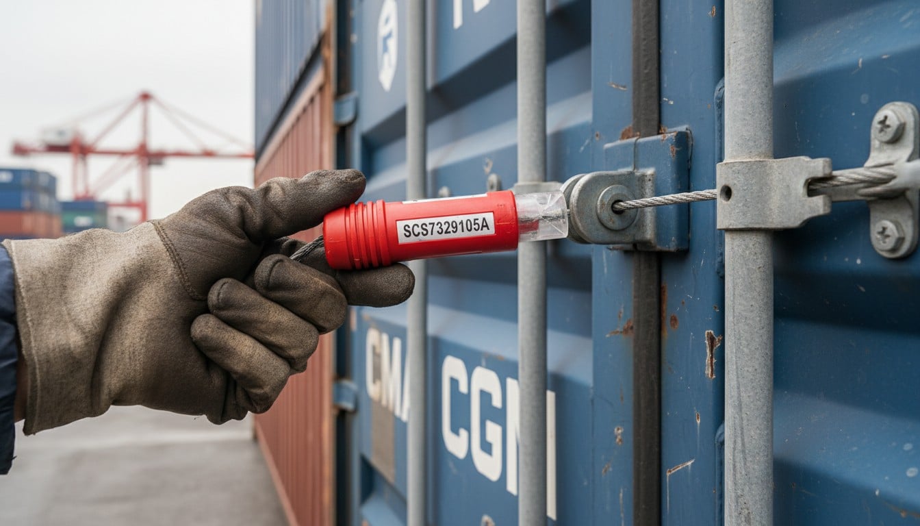 Close-up of a security cable seal being inspected on a shipping container.