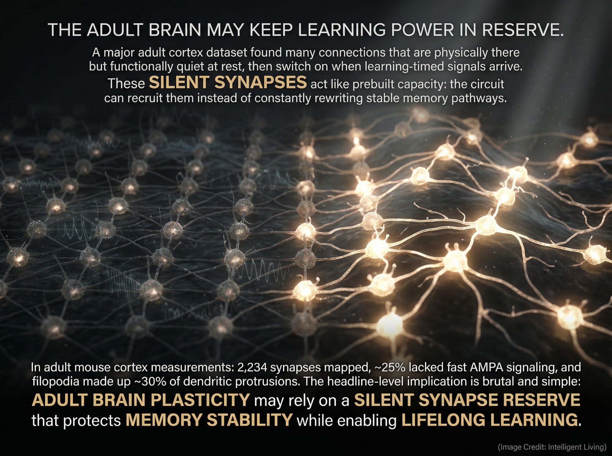 A cinematic brain-network scene where many dim neural nodes sit "built but quiet," while a wave of activation lights them up, illustrating adult brain plasticity and silent synapses.