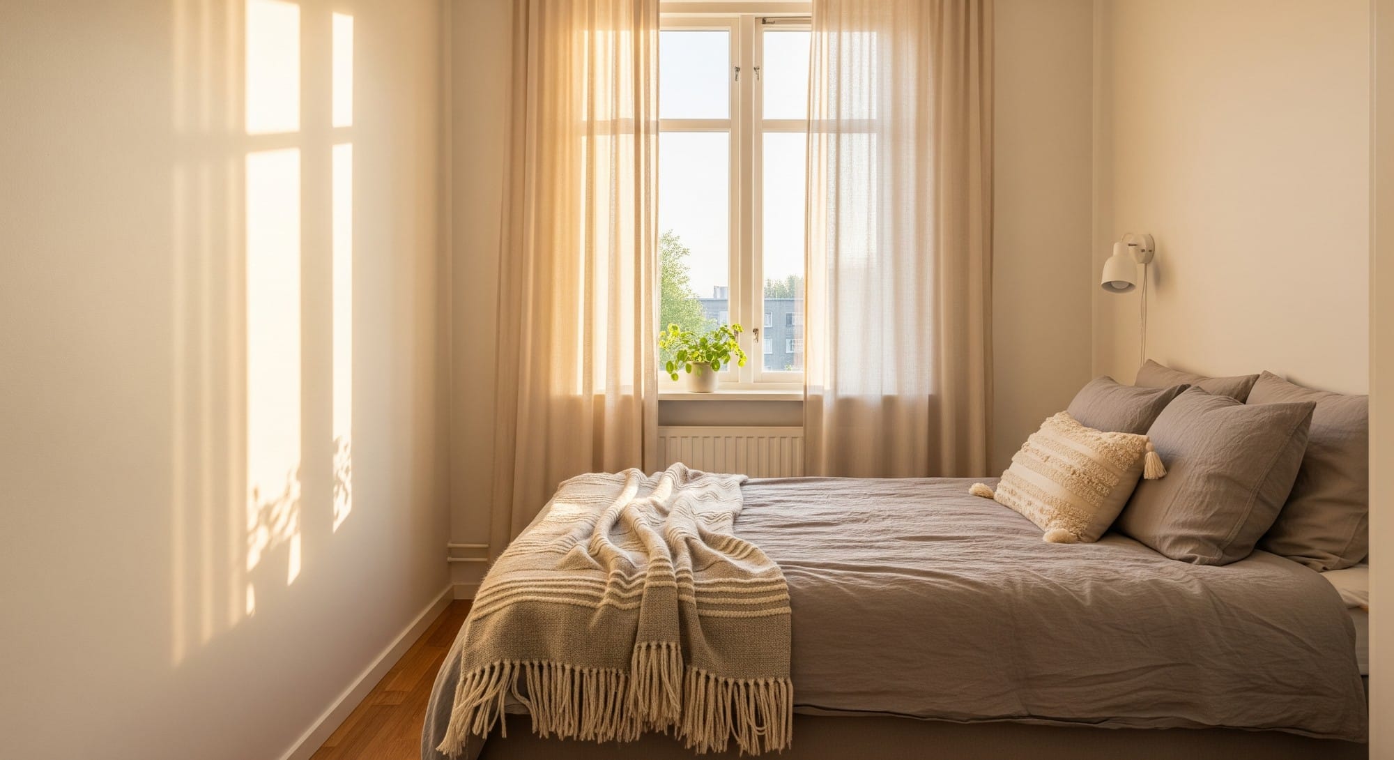 Natural sunlight streaming through a window into a small, bright bedroom.