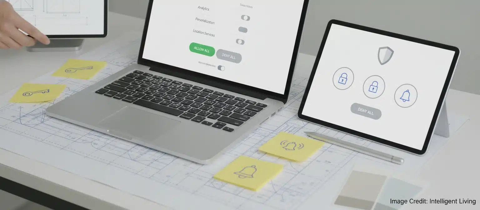 Modern product design workspace showing a clean consent screen mockup with simple toggles, a revocation switch, and a privacy shield icon to illustrate clear permission design for open finance.