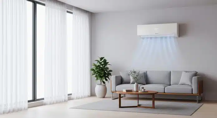 Modern smart air conditioning unit integrated into a contemporary home interior