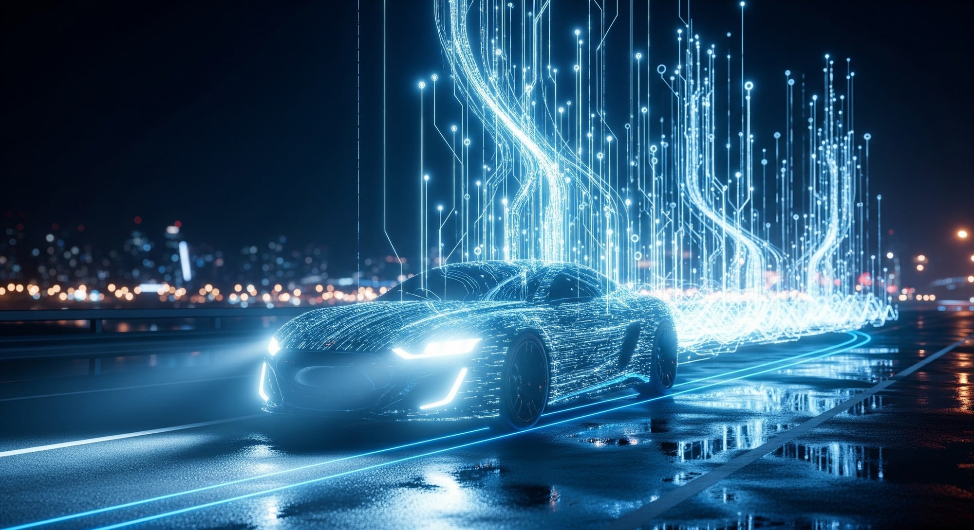 A conceptual high-tech visualization of digital data flowing from a modern vehicle on a highway, illustrating telematics.