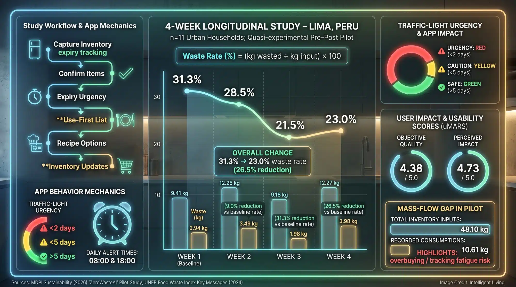 Data visualization showing a GenAI pantry expiry tracking workflow, a four-week household food waste rate trend with inputs and waste mass, and usability scores from a pilot study.
