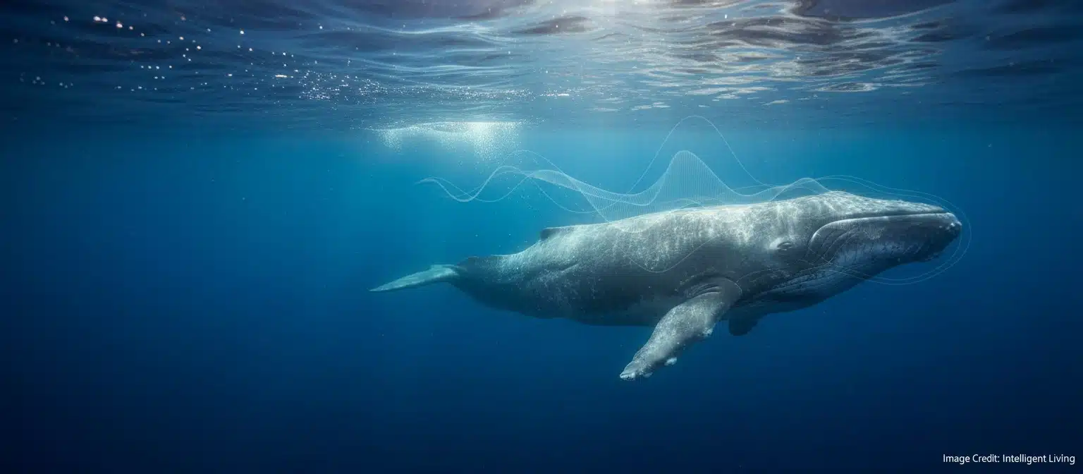 Cinematic underwater scene of a sperm whale near the surface with sunlight beams and subtle soundwave patterns, representing sperm whale clicks and whale communication research.