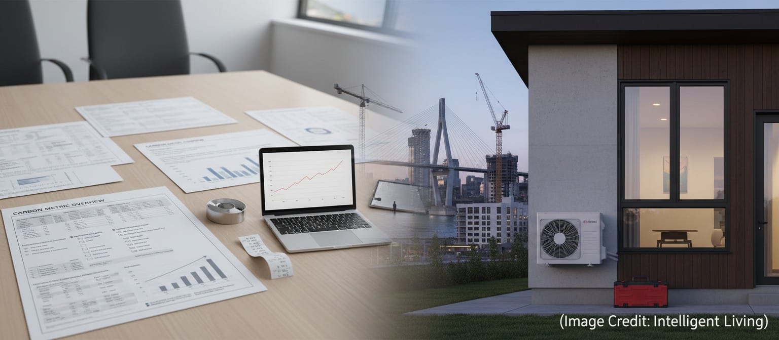 Wide split-environment cinematic image blending infrastructure procurement documents with a modern energy-upgraded home, symbolizing embodied and operational decarbonization.