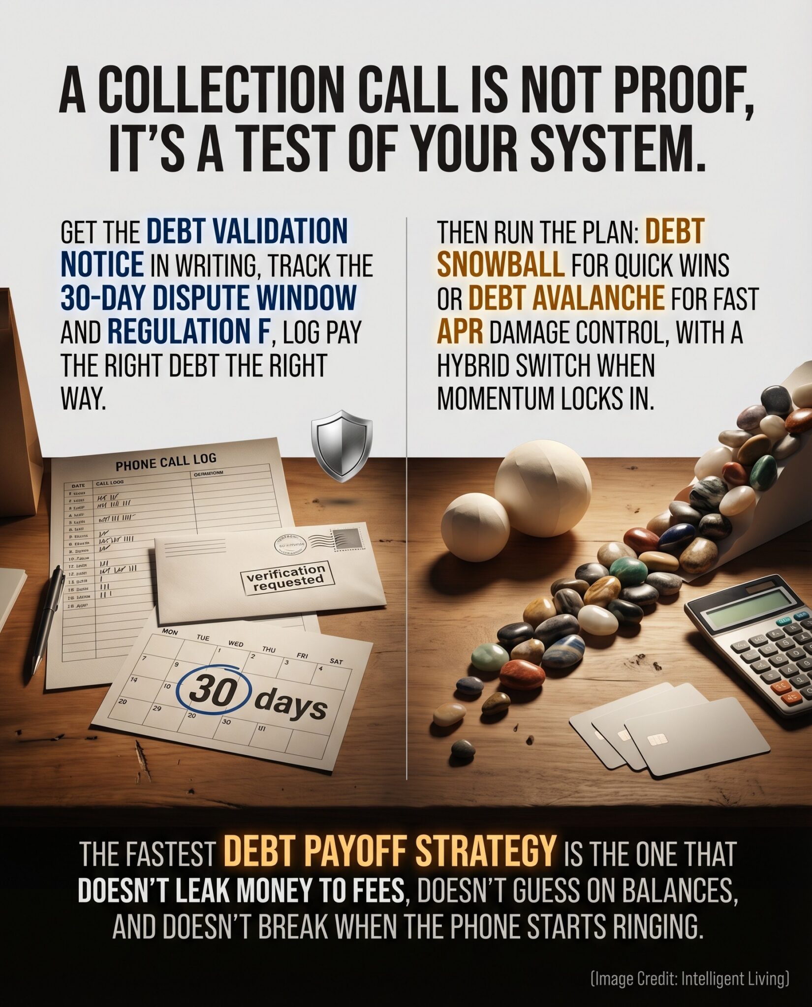 Meme-style graphic showing a call log, a written debt validation request, and two payoff paths representing debt snowball vs avalanche, emphasizing verification steps and APR-driven payoff strategy.