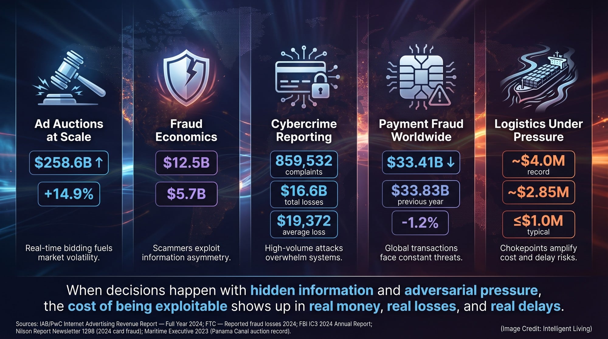 A cinematic data poster mapping high-stakes uncertainty domains using real-world metrics for ad-market scale, fraud losses, cybercrime complaints, payment card fraud, and Panama Canal auction congestion costs.