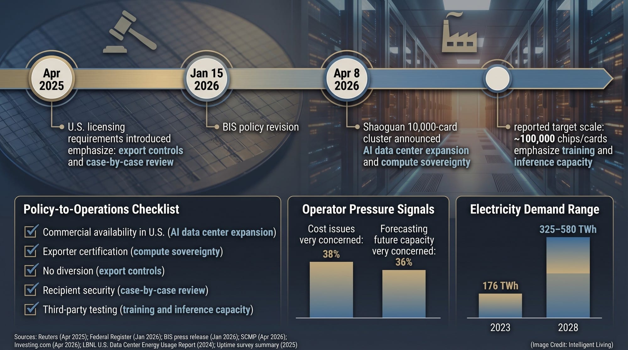 A 16:9 timeline and driver-matrix chart showing export-policy shifts, domestic cluster scale targets, and data center energy growth metrics, explaining why China's AI data center buildouts are accelerating.