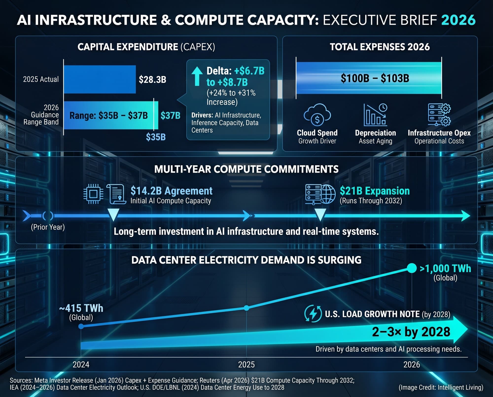 A data-rich visualization comparing Meta's capex and expense guidance with AI cloud capacity deals and data-center electricity demand projections that explain why real-time AI systems require massive infrastructure.