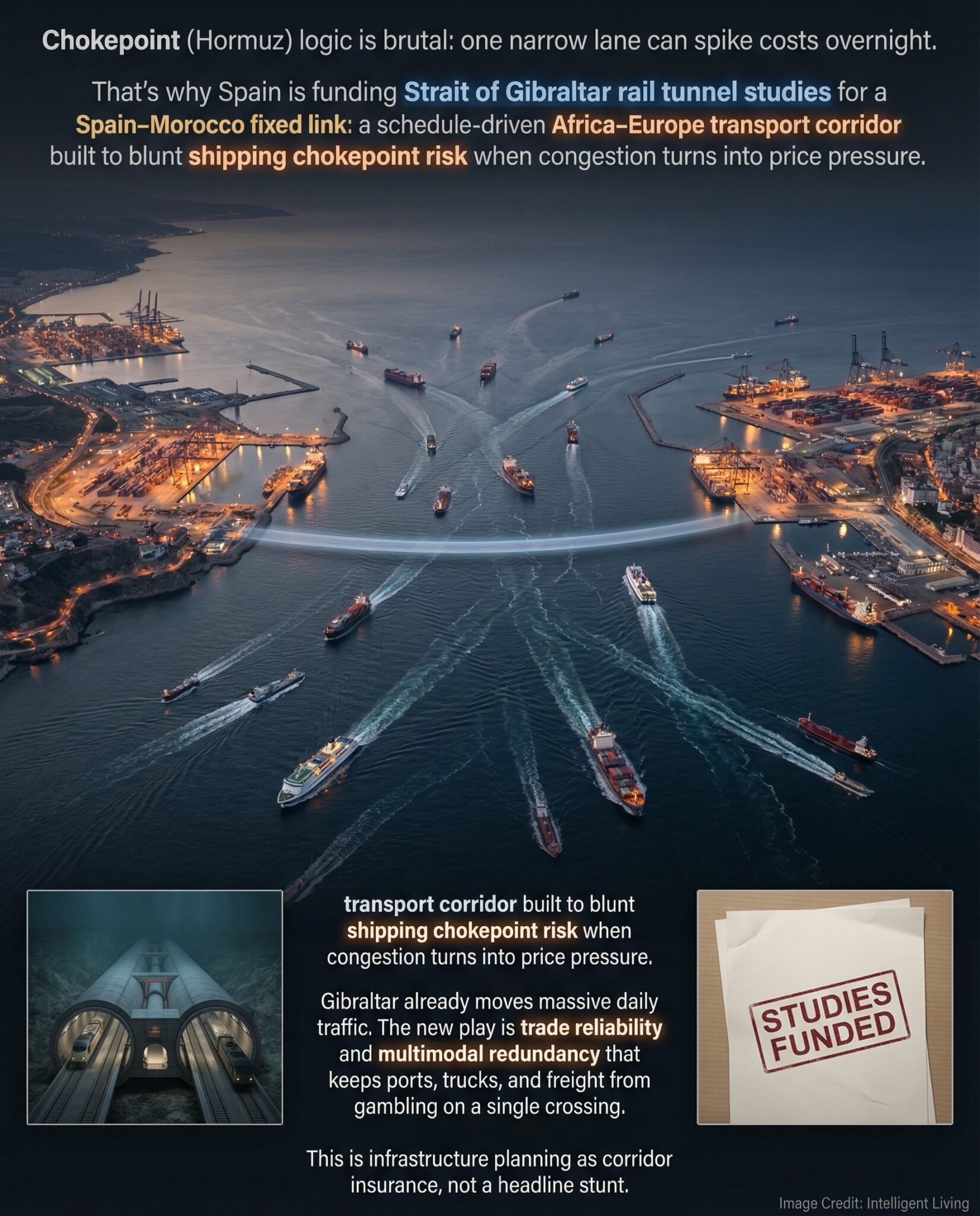 Data-rich meme showing the Strait of Gibraltar as a crowded chokepoint with a rail tunnel concept overlay, explaining study funding and trade reliability risk.
