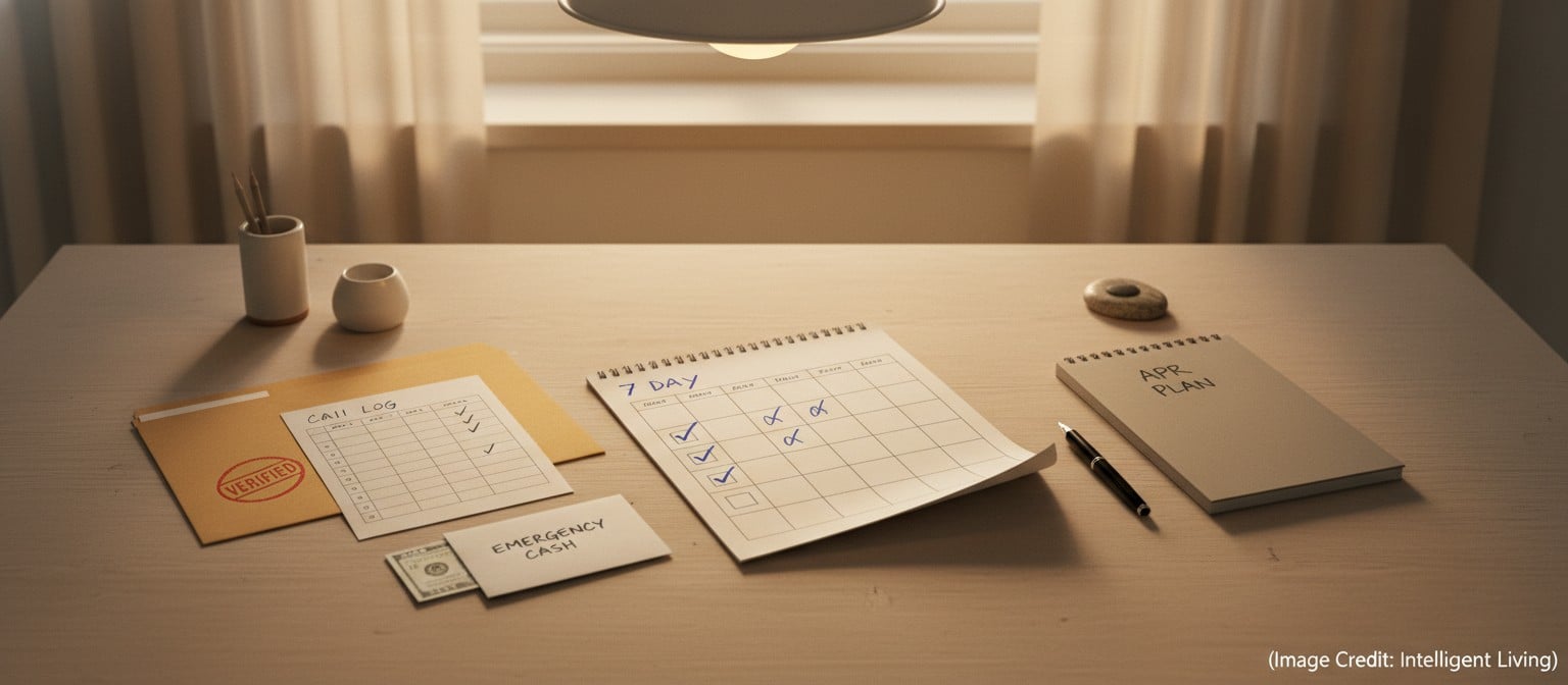 Wide cinematic photo of a 7-day debt payoff checklist on a calendar beside a folder labeled