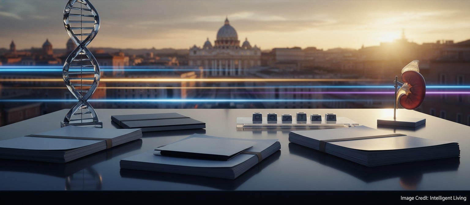 Wide cinematic image featuring a calendar-and-clinical-trial motif with Vatican-adjacent architecture and medical research visuals representing 2026 xenotransplantation guidance timing.