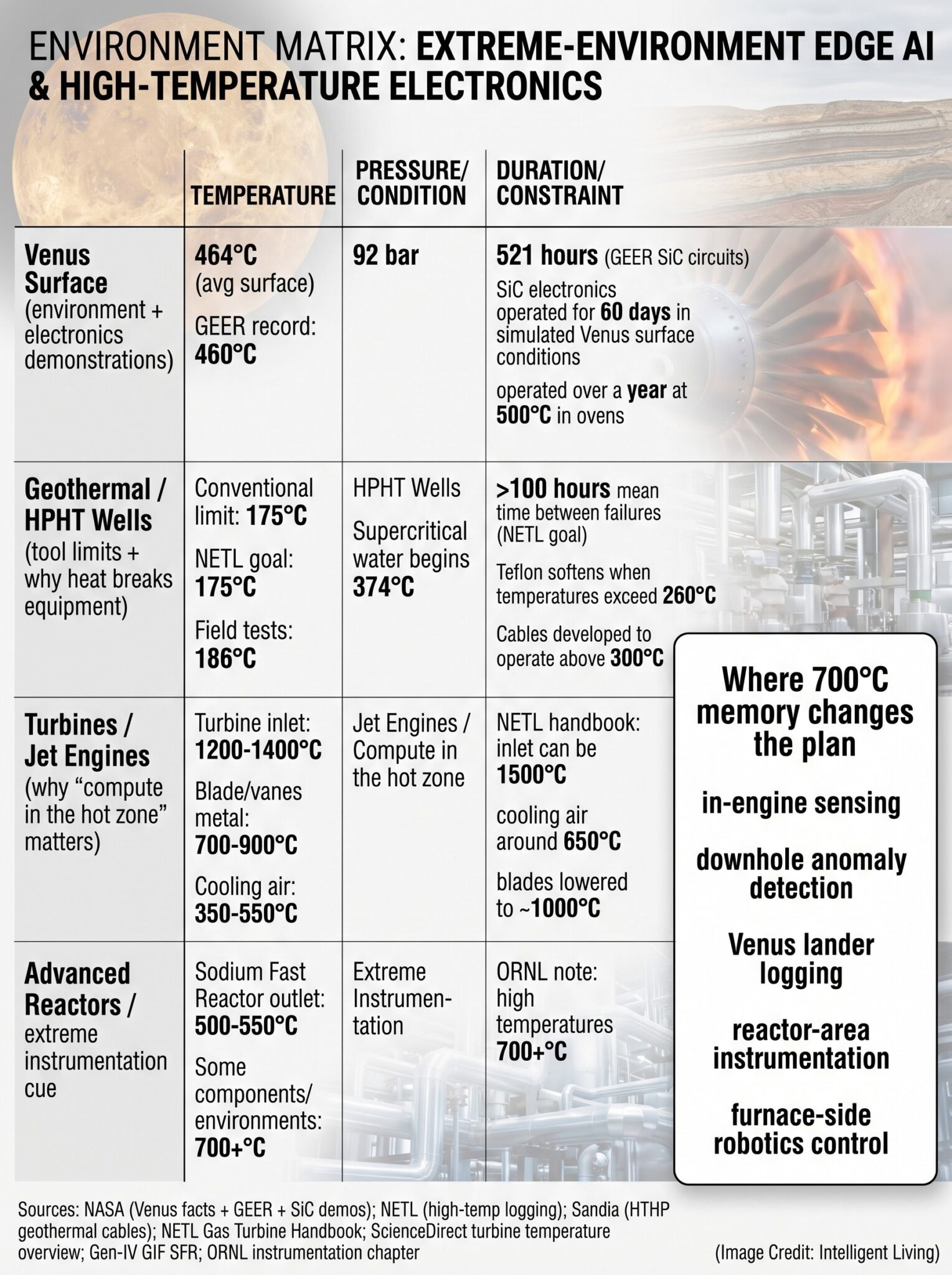A comparative chart of extreme environments (Venus, geothermal wells, turbines, advanced reactors) with temperatures, pressures, and tool limits, showing where 700°C-capable memory could enable edge AI.