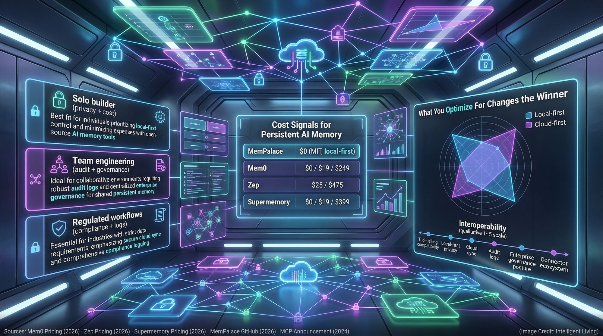 Comparison dashboard mapping local-first versus cloud-first AI memory systems across cost, governance, and interoperability features.