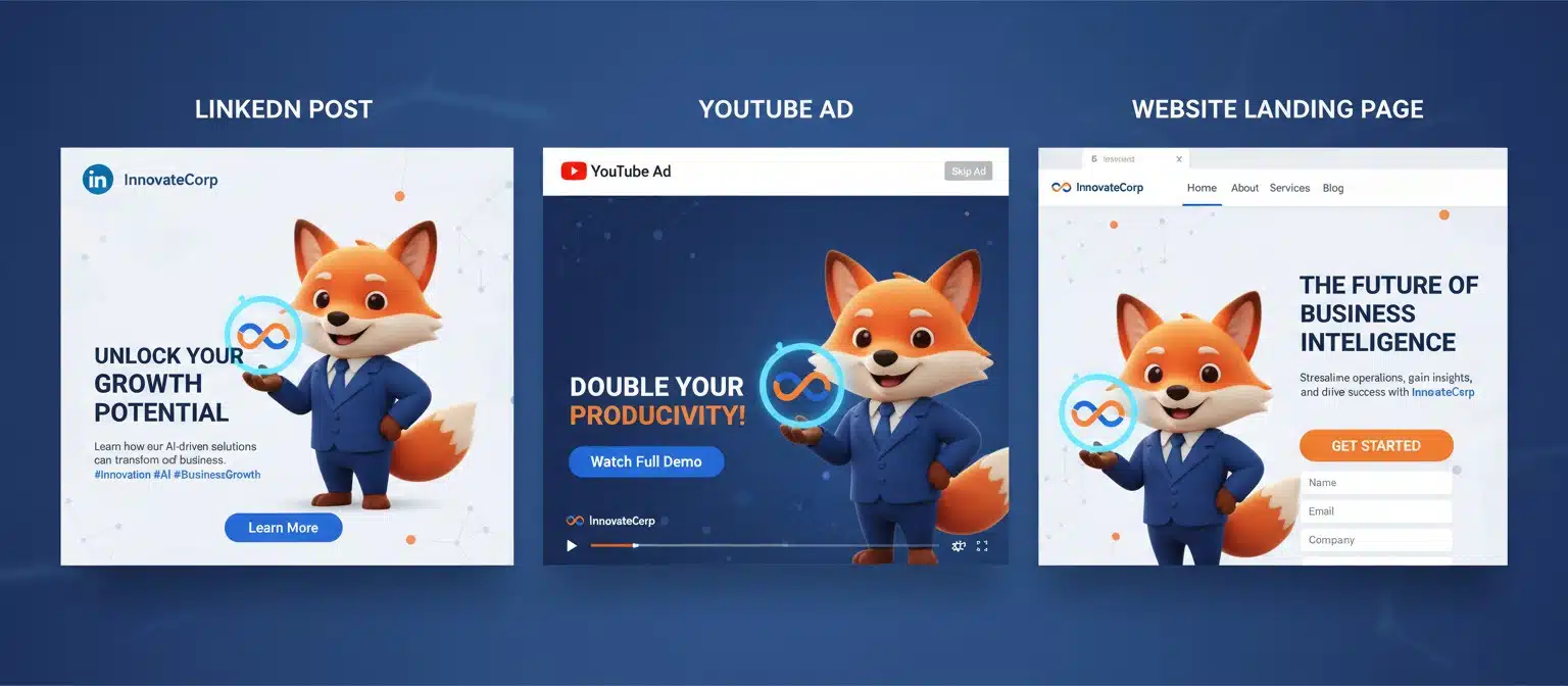 Comparison of style consistency across a LinkedIn post, YouTube ad, and website landing page featuring a cohesive brand look