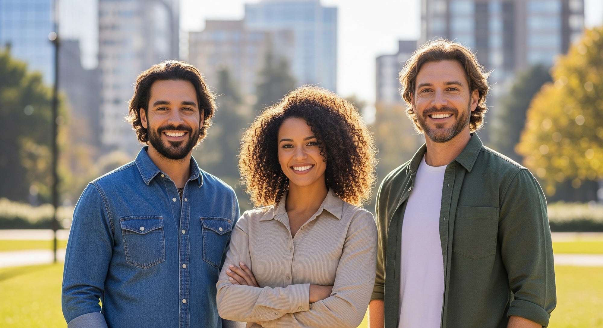 A group of confident men and women with healthy, thick hair standing in a modern city setting, representing successful hair restoration results.
