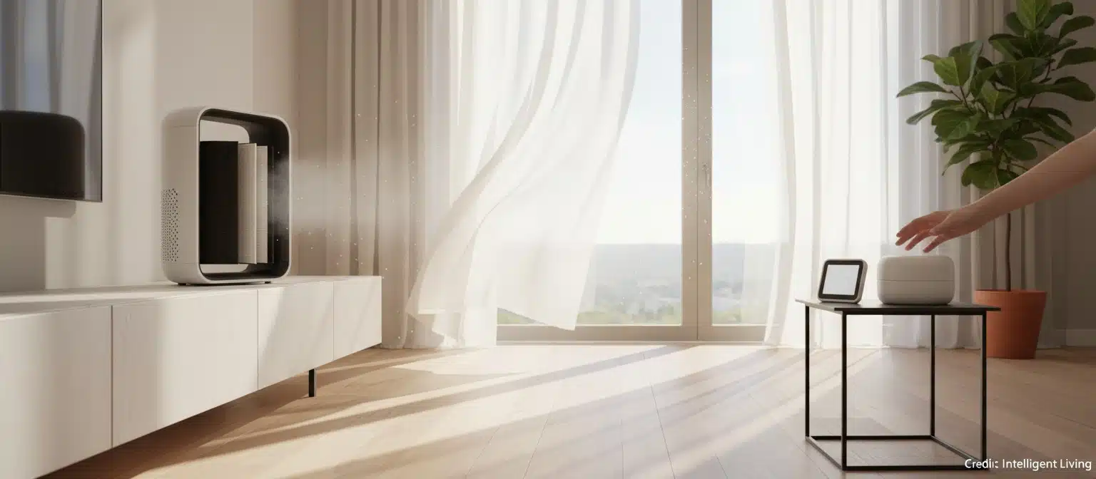 Bright, hopeful living room with open windows, a carbon-equipped air purifier, a simple radon test kit on a table, and a clean airflow feel suggesting practical indoor air risk reduction.