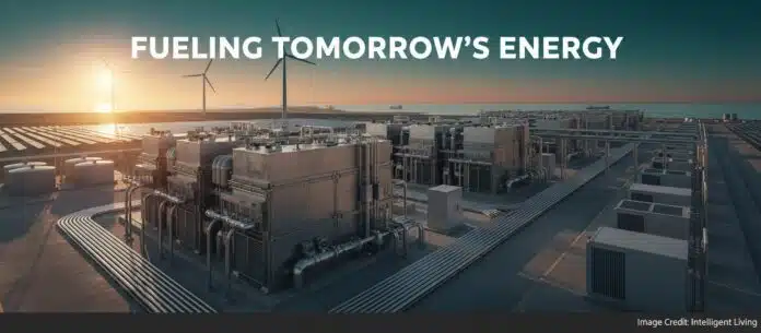 Wide cinematic view of a massive modular hydrogen production facility at dawn with sleek metal electrolyser units, wind turbines, and power cables feeding into a glowing control hub.