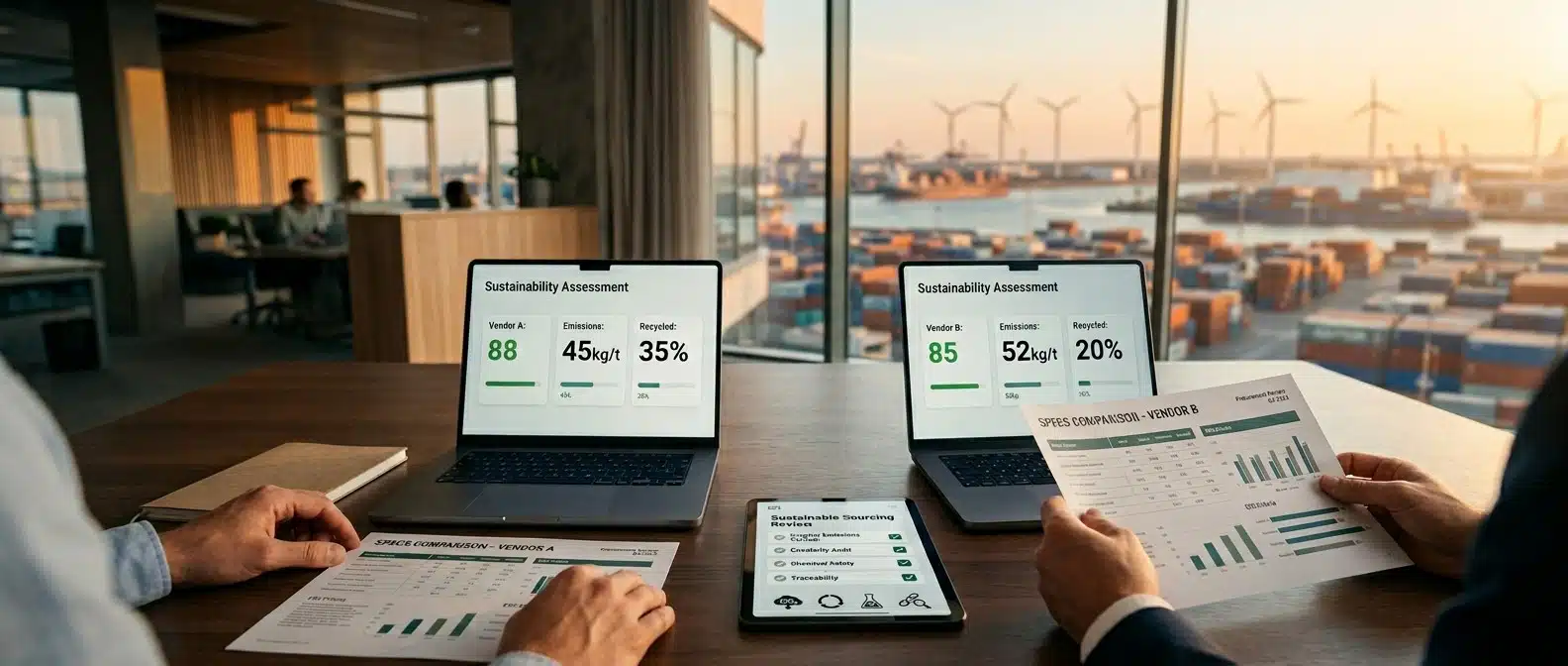 Cinematic tech procurement scene with laptops, procurement checklists, and sustainability icons for climate impact, circularity, safer materials, and responsible supply chains.