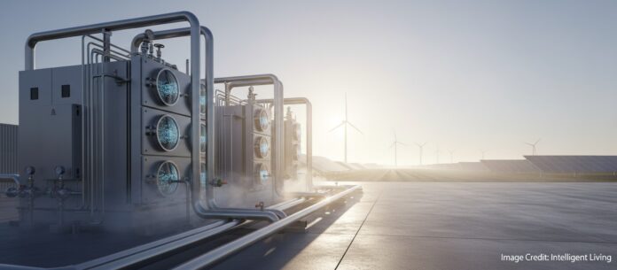 Wide cinematic view of a modern green hydrogen facility using water electrolysis, with shimmering gas bubbles, clean piping, and renewable power in the background, signaling platinum-free catalyst durability at industrial output.