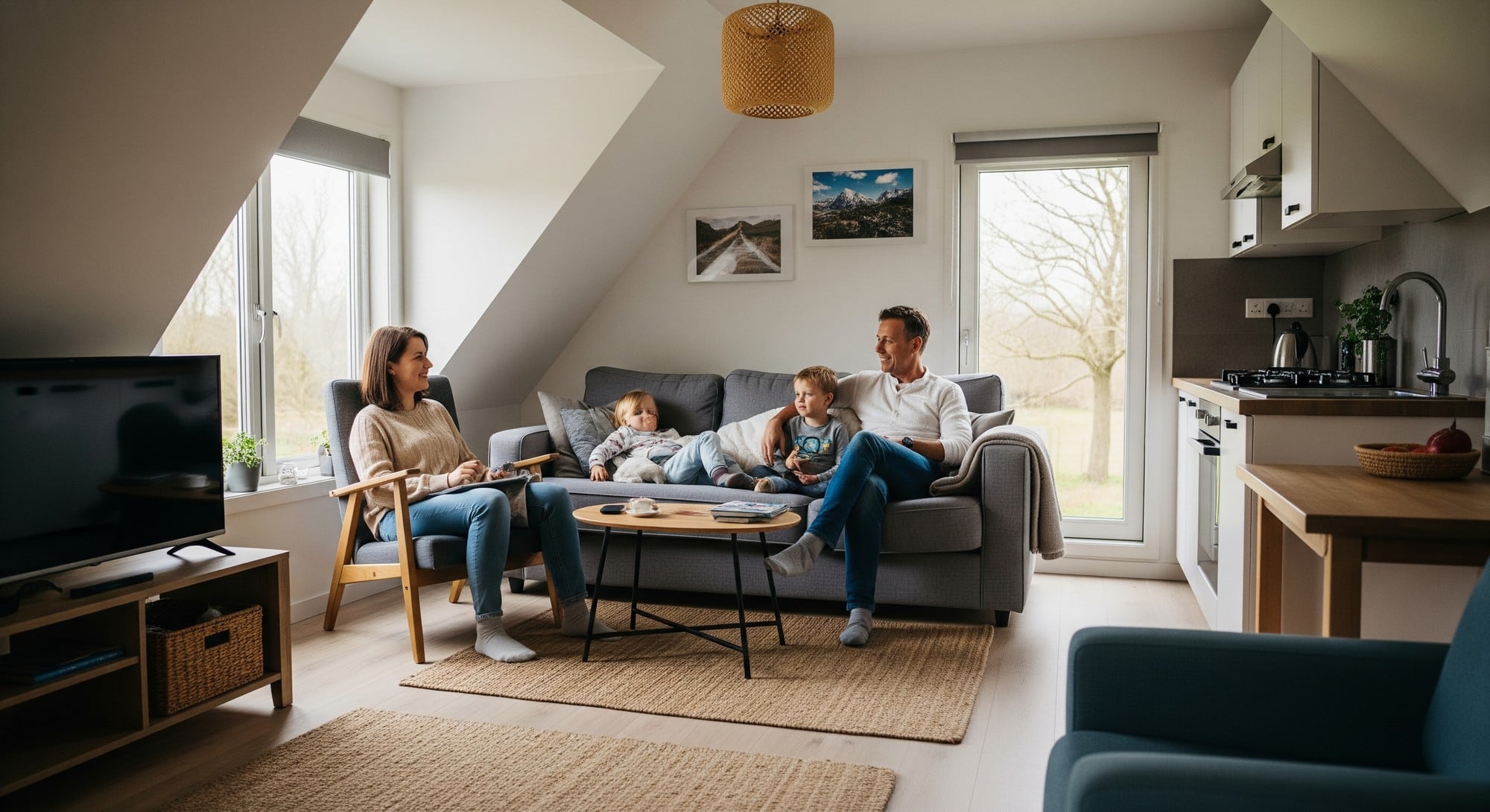 A family in a comfortable, energy-efficient home environment, symbolizing the benefits of sustainable living.