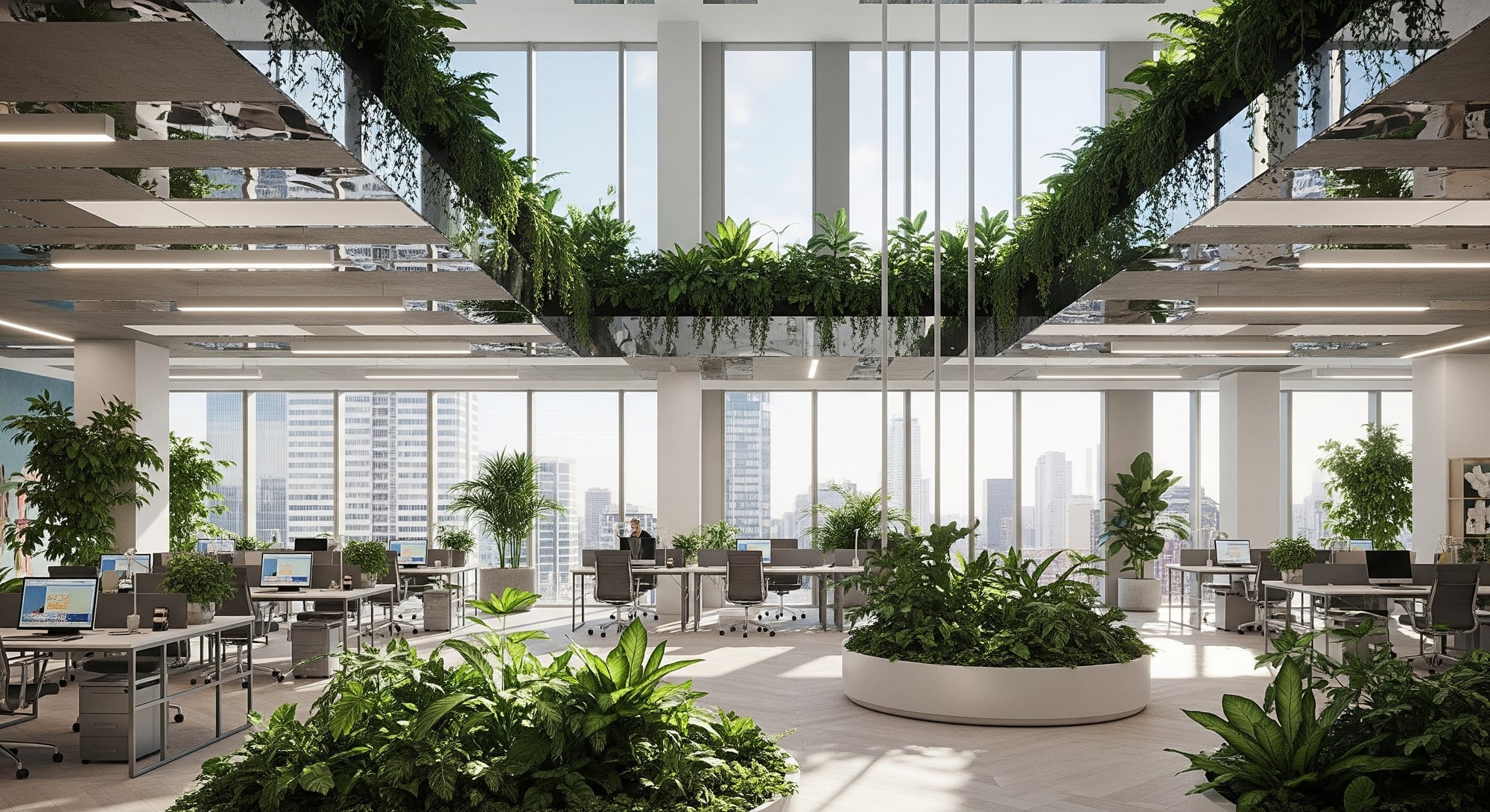 Sunlight streaming through windows in a modern sustainable office.