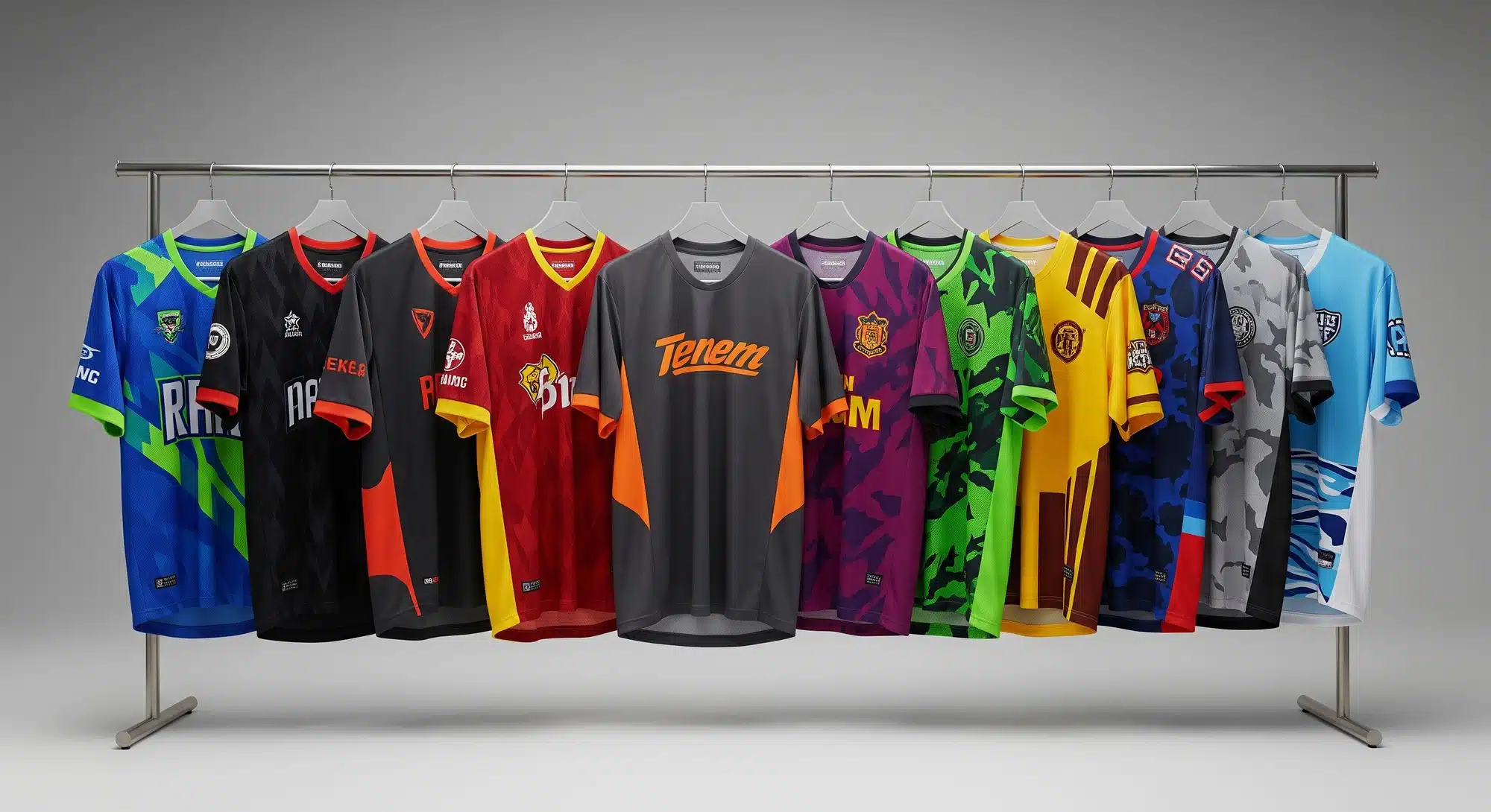 Colorful custom team jerseys hanging on a display rack
