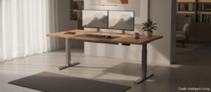 Bright modern home office with a height-adjustable standing desk mid-lift, dual monitors, ergonomic accessories, and a calm, productive atmosphere.