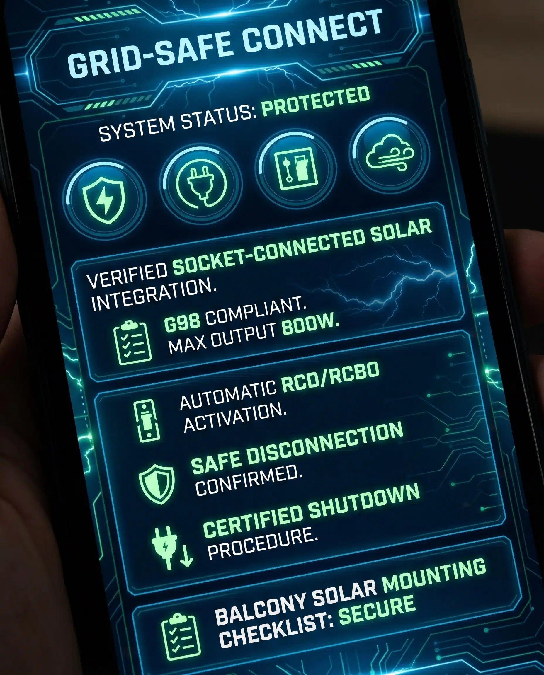 A five-step decision flow for UK plug-in solar safety covering wiring condition, protection devices, circuit load reality, safe disconnection, and secure mounting, with 800W and G98 notification callouts, plus sources and Intelligent Living credit.