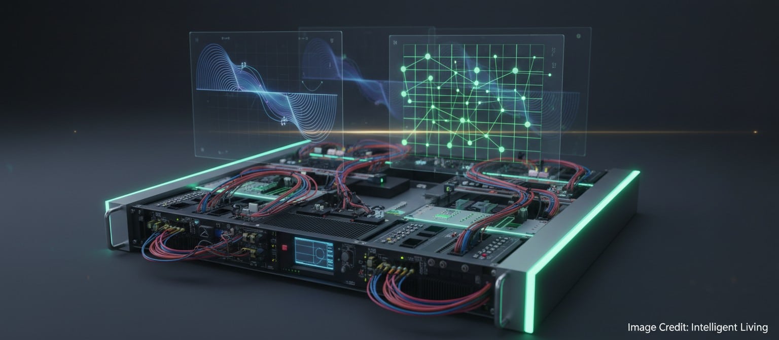Wide technical-photo scene showing calibration plots and error-correction lattice overlays hovering above quantum control hardware, hinting at AI-driven quantum maintenance.