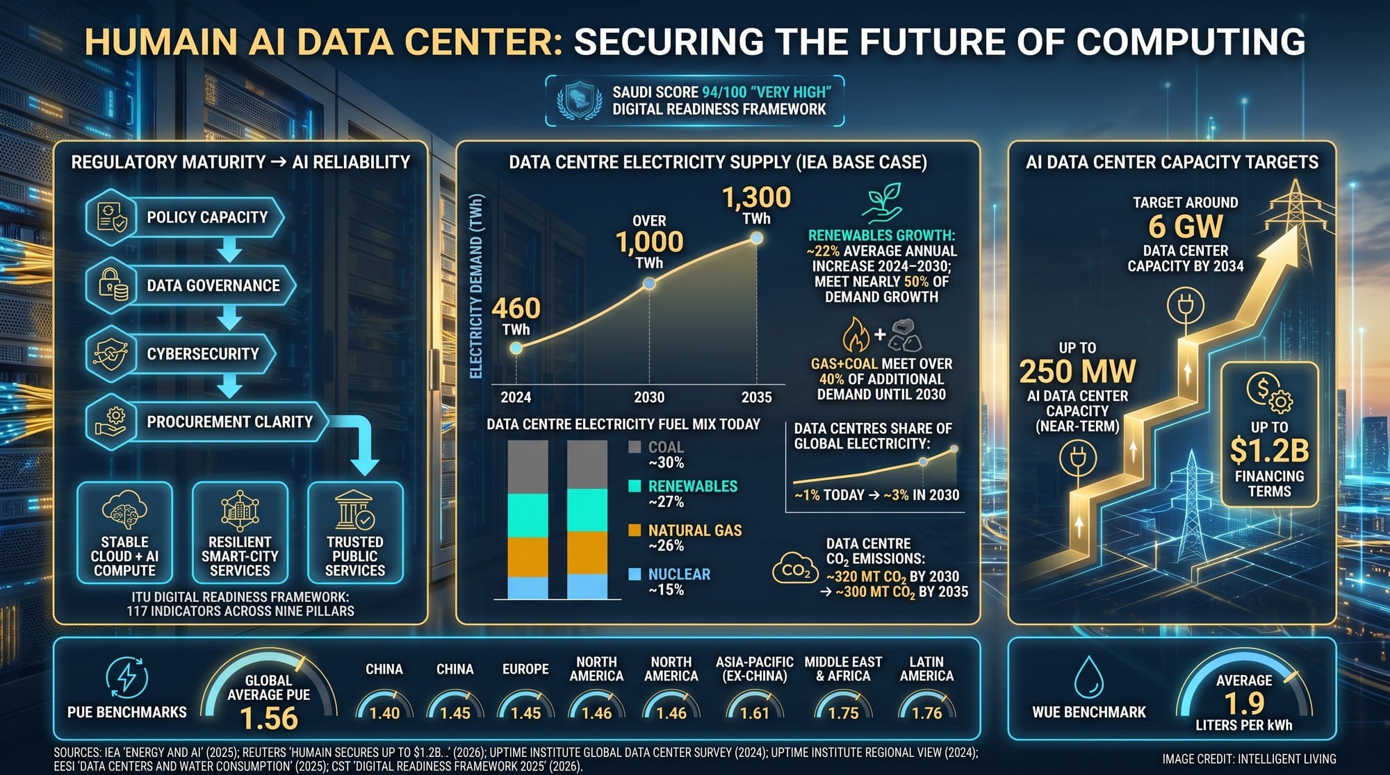 High-impact data visualization linking regulatory maturity to AI infrastructure growth, data center electricity demand, efficiency metrics, and smart city resilience.