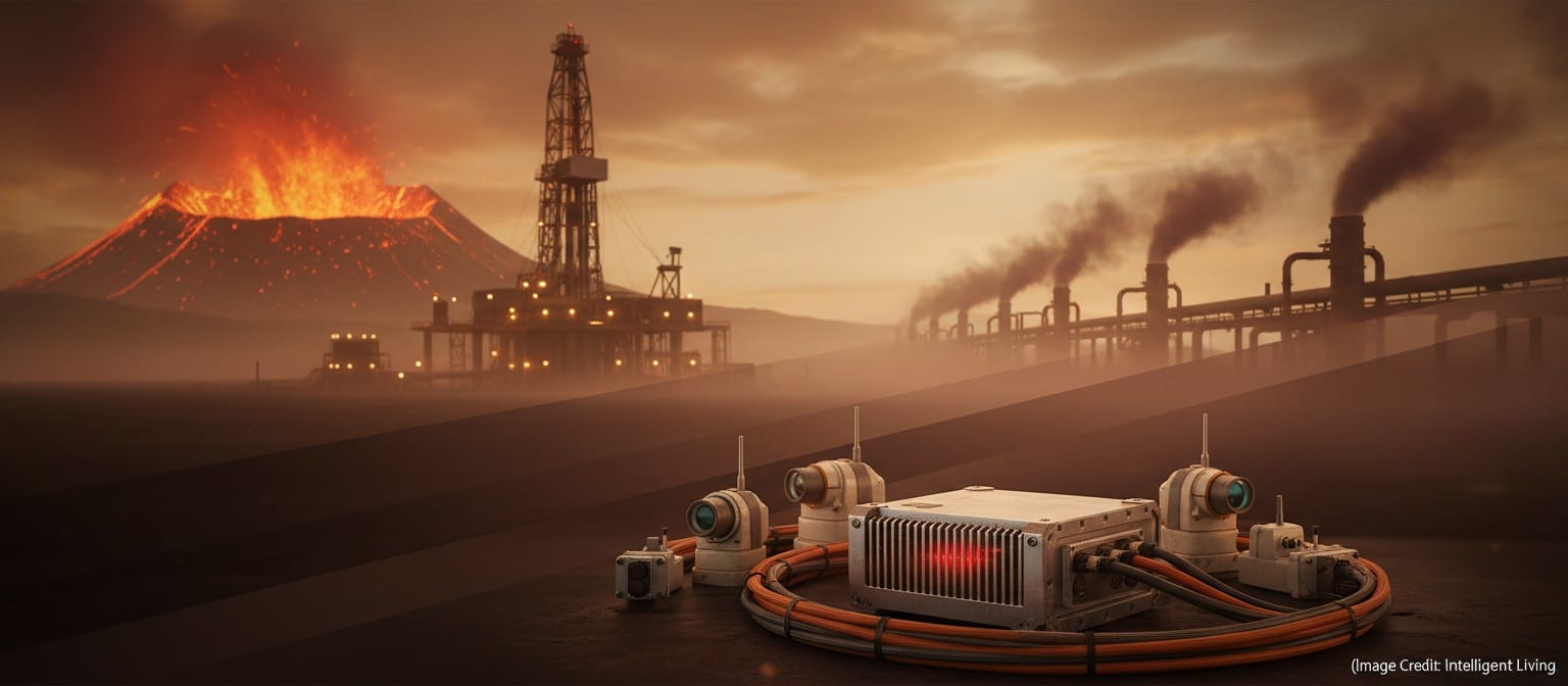 Panoramic cinematic scene showing rugged edge computing hardware operating near extreme heat, hinting at Venus, geothermal wells, and turbine environments without using text labels.