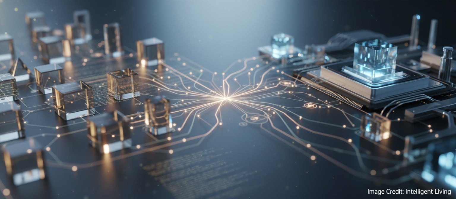 Wide cinematic scene of open toolchains as glowing modular blocks flowing into a quantum lab environment, suggesting open models accelerating scalable quantum innovation.