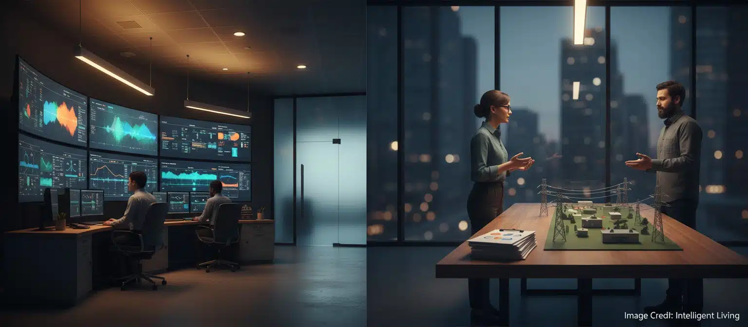 Wide cinematic photo of a community grid control room with transparent charts on a screen and a calm, optimistic mood about data center reporting and fair electricity costs.