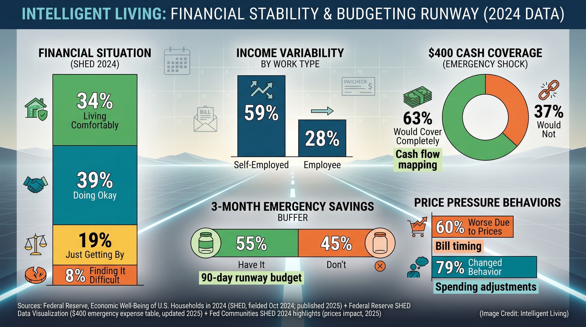 Data-rich educational visual showing why a 90-day runway budget works using income variability, emergency savings readiness, $400 shock coverage, and price-pressure impacts from Federal Reserve household survey data.