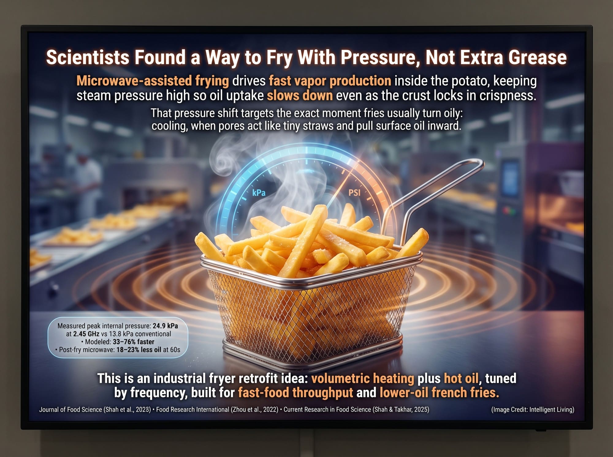 Cinematic fries with a translucent pressure gauge and wave-like light patterns, visually explaining microwave-assisted frying that reduces oil uptake through steam pressure and volumetric heating.