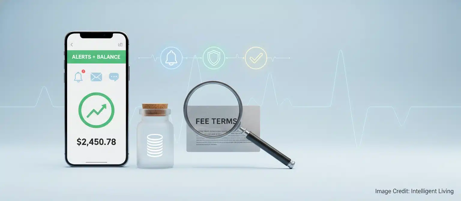 Vibrant cinematic scene showing three clear visual controls: an alert bell icon, a small protected cash buffer jar, and a comparison magnifier over fee terms on a generic banking screen.