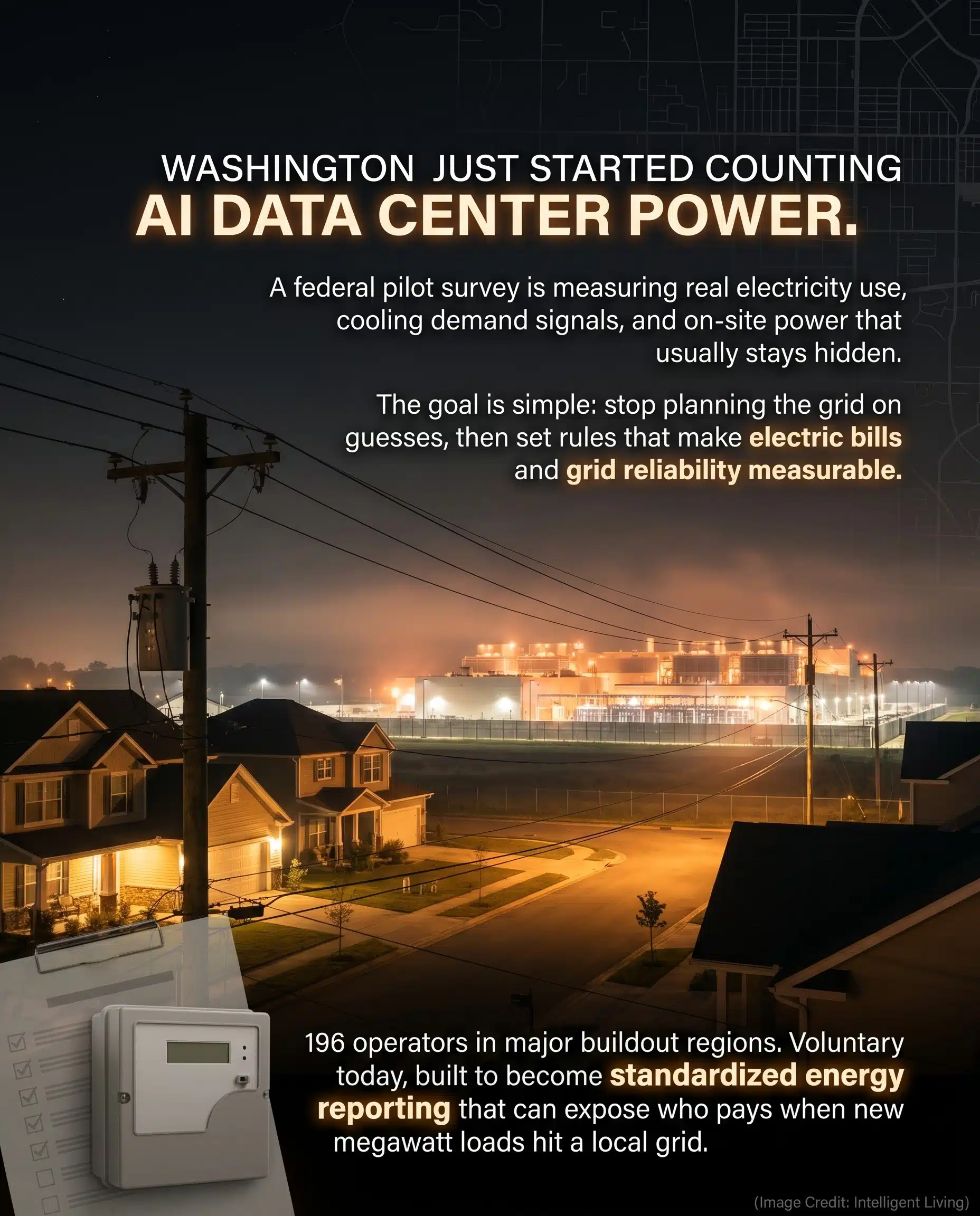 4:5 meme image of a neighborhood power meter and distant data center glow explaining the EIA pilot survey measuring AI data center electricity use and why it impacts electric bills and grid reliability.