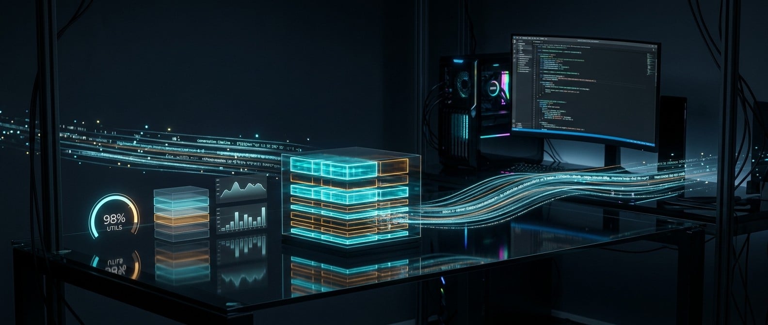 Cinematic GPU memory dashboard with glowing cache blocks compressing as a long AI conversation stream continues smoothly, showing KV cache compression and faster long-context reasoning.